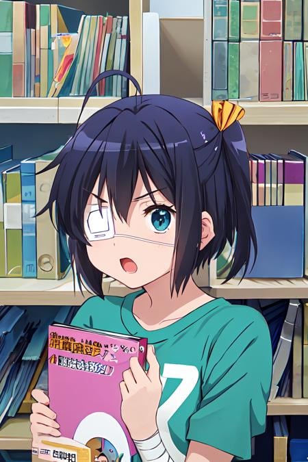 <lora:Rikka_FB:1>, ph rikka, 1girl, solo, bookshelf, book, bandages, :o, open mouth, jacket, shirt, clothes writing, t-shirt, v-shaped eyebrows, cosplay, parody, looking at viewer, open clothes, casual, television, indoors, aqua eyes