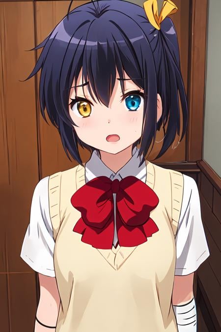 <lora:Rikka_FB:0.9>, ph rikka, 1girl, school uniform, icho private high school uniform, heterochromia, solo, yellow eyes, bandages, no eyepatch, eyepatch removed, sweater vest, sweatdrop, open mouth, bow, upper body, blush