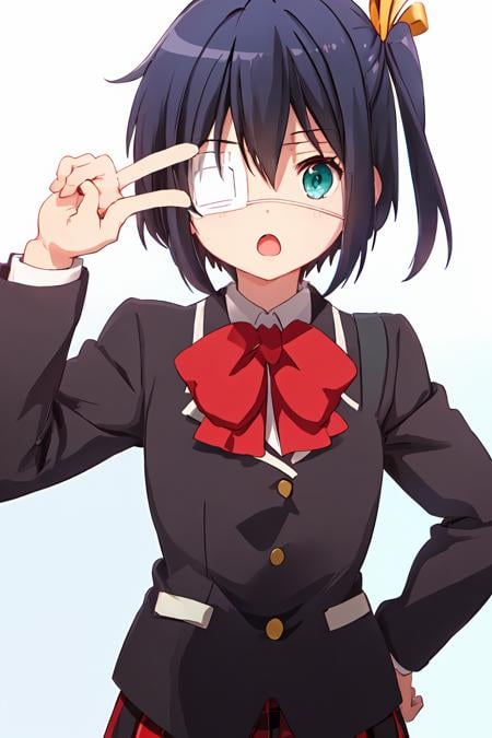 <lora:Rikka_FB:1>, ph rikka, 1girl, icho private high school uniform, school uniform, solo, v over eye, :o, v, jacket, looking at viewer, blazer, simple background, bow, skirt, open mouth, upper body, white background, hand on hip, aqua eyes