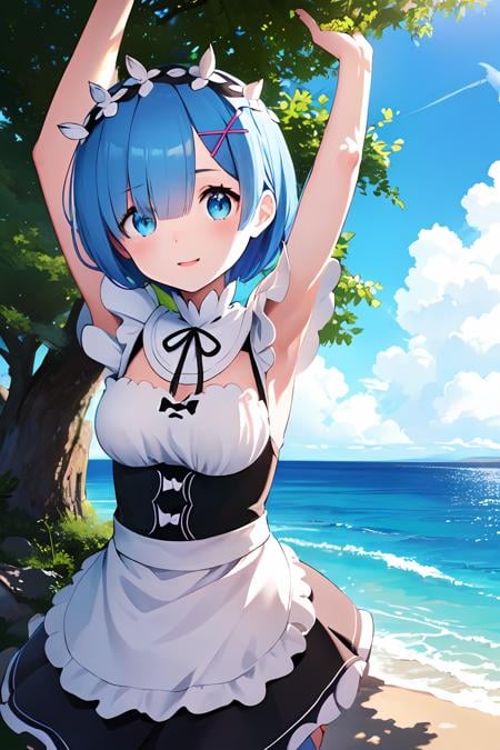 <lora:rem-t1-000006:0.8>, (masterpiece:1.6, best quality), (finely detailed beautiful eyes: 1.2), ph_rem, remhd, 1girl, blue hair, solo, blue eyes, x hair ornament,roswaal mansion maid uniform, maid, ocean,  bay, sunlight, trees, wave,  arms up