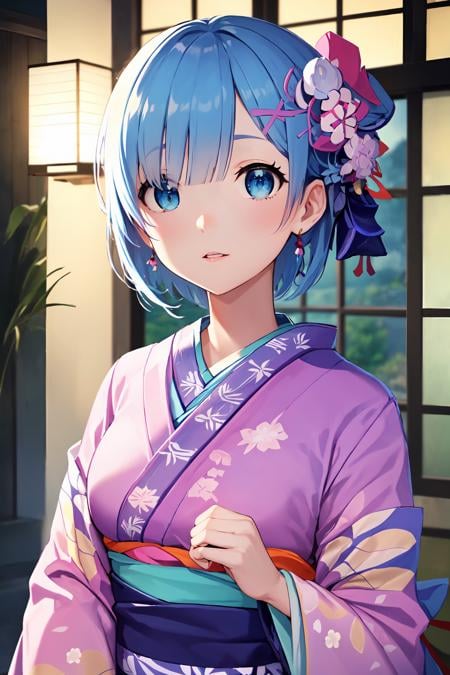 <lora:R-t2-000006:0.8>, (masterpiece:1.6, best quality), (finely detailed beautiful eyes: 1.2), ph_rem, remhd, 1girl, blue hair, solo, blue eyes, ,(kimono:2.0), japanese clothes, outdoors, jewelry, purple eyes, earrings, breasts, torii, cherry blossoms, lantern light, east asian architecture, arms on lips