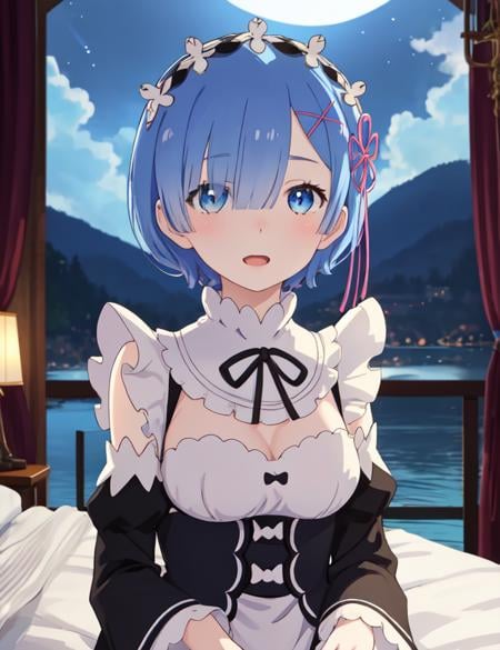 best quality, masterpiece, <lora:Rem-000009:0.9:MID>, phRem, 1girl, blue hair, solo, maid, roswaal mansion maid uniform, looking at viewer, outdoors, open mouth, anime coloring, maid headdress, upper body, cloud, sky, parody, day, black ribbon, detached sleeves, blush, highres, highest quallity, illustration, cinematic light, ultra detailed, detailed face, (detailed eyes), best quality, hyper detailed, masterpiece, (detailed face), highest details, luminous eyes, medium breats, sitting in bed, sitting, bed, window, night sky, lake outside, moon, full moon, backlighting, light rays, (high contrast), (colorful),