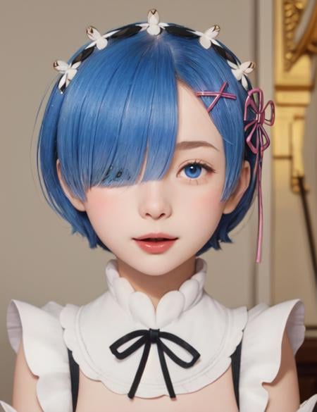 best quality, masterpiece, <lora:Rem_v2_FB:0.9:MID>, phRem, 1girl, solo, maid, looking at viewer, smile, roswaal mansion maid uniform, blush, anime coloring, open mouth, black ribbon, maid headdress, parody, portrait, parted lips, indoors, blue hair, blue eyes, short hair, maid, hair ornament, hair over one eye, x hair ornament, hair ribbon, pink ribbon