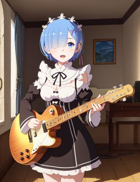 best quality, masterpiece, <lora:Rem-000009:0.9:MID>, phRem, 1girl, blue hair, solo, maid, roswaal mansion maid uniform, looking at viewer, outdoors, open mouth, anime coloring, maid headdress, ((cinematic light)), colorful, hyper detail, dramatic light, intricate details, best quality, (wallpaper, masterpiece, best quality, ultra-detailed, best shadow), (detailed background:1.4), (beautiful detailed face, beautiful detailed eyes), high contrast, (best illumination, an extremely delicate and beautiful), solo, blue eyes, electric guitar, guitar, headphones, holding, holding plectrum, instrument, music, one side up, playing guiter,  indoors ((caustic)), dynamic angle,beautiful detailed glow,full body, cowboy shot,