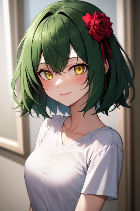 masterpiece, best quality, absurdres, perfect anatomy, 1girl, solo, green hair, medium hair, yellow eyes, smile, portrait, HairRose, red rose, t-shirt, <lora:HairRose:1>