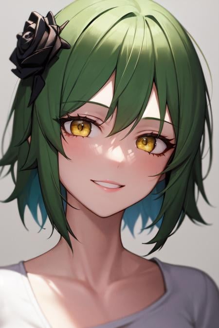 masterpiece, best quality, absurdres, perfect anatomy, 1girl, solo, green hair, medium hair, yellow eyes, smile, portrait, HairRose, black rose, t-shirt, <lora:HairRose:1>