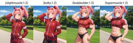 <lora:Muscle2:1>,<lyco:UmaMusume_AIO:0.6>,1girl,haru urara \(umamusume\),track jacket,buruma,park,hairband,ponytail,cowboy shot,(slightmuscle:1.2),biceps,