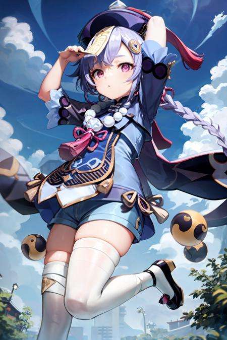 masterpiece, best quality,<lora:qiqi:1>,qiqi (genshin impact), 1girl, bead necklace, beads, solo, qing guanmao, necklace, sky, jewelry, cloud, thighhighs, coin hair ornament, hat, purple hair, braid, jiangshi, hair ornament, ofuda, long hair, white thighhighs, purple headwear, long sleeves, day, blue sky, leaf, outdoors, shorts, talisman, looking at viewer, bangs, bandages, cloudy sky, dress, from below, bandaged leg, arms up, closed mouth, red eyes, vision (genshin impact), ribbon, tassel, floating, full body, sleeves past wrists, braided ponytail, black footwear, hair ribbon, single braid, wide sleeves