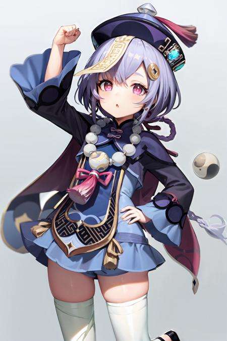 masterpiece, best quality,<lora:qiqi:1>,1girl, qiqi (genshin impact), solo, purple hair, hat, thighhighs, hair ornament, arm up, qing guanmao, white thighhighs, long sleeves, long hair, braid, looking at viewer, purple eyes, full body, bangs, jewelry, beads, bandaged leg, bead necklace, necklace, ofuda, parted lips, wide sleeves, dress, standing, jiangshi, sleeves past wrists, bandages, single braid, black footwear, snowflakes, :o, hand on hip, purple headwear, gradient background, gradient, yin yang, zettai ryouiki, braided ponytail, simple background, coin hair ornament, blue dress, blush, very long hair, shoes, head tilt, cape, sidelocks, hair between eyes, jacket, vision (genshin impact), chinese clothes, cropped jacket, low ponytail