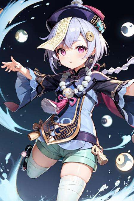 masterpiece, best quality,<lora:qiqi:1>,1girl, qiqi (genshin impact), solo, thighhighs, hat, purple hair, white thighhighs, hair ornament, braid, qing guanmao, long sleeves, purple eyes, long hair, jewelry, parted lips, wide sleeves, ofuda, purple headwear, bangs, looking at viewer, outstretched arms, standing on one leg, beads, blush, shorts, dress, bead necklace, jiangshi, yin yang, single braid, black footwear, orb, necklace, blue dress, coin hair ornament, hair between eyes, very long hair, purple jacket, standing, snowflakes, shoes, cropped jacket, jacket, :o, sleeves past wrists, braided ponytail, vision (genshin impact), short shorts, bandaged leg, earrings, blue shorts, bandages, leg up, chinese clothes, yin yang orb