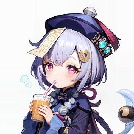 masterpiece, best quality,<lora:qiqi:1>,qiqi (genshin impact), 1girl, drinking straw, solo, hat, qing guanmao, coin hair ornament, hair ornament, jiangshi, purple hair, bead necklace, beads, drinking, ofuda, holding, snowflakes, necklace, purple eyes, bangs, jewelry, long sleeves, hair between eyes, looking at viewer, chibi, drink, long hair, sidelocks, coconut, drinking straw in mouth, milk carton, simple background, sparkling eyes, +_+, symbol-shaped pupils, wide sleeves, chinese clothes, juice box, talisman, can, bendy straw, white background, holding drink