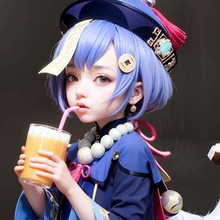 masterpiece, best quality,  <lora:qiqi:1>, qiqi (genshin impact), 1girl, drinking straw, solo, hat, qing guanmao, coin hair ornament, hair ornament, jiangshi, purple hair, bead necklace, beads, drinking, ofuda, holding, snowflakes, necklace, purple eyes, bangs, jewelry, long sleeves, hair between eyes, looking at viewer, chibi, drink, long hair, sidelocks, coconut, drinking straw in mouth, milk carton, simple background, sparkling eyes, +_+, symbol-shaped pupils, wide sleeves, chinese clothes, juice box, talisman, can, bendy straw, white background, holding drink