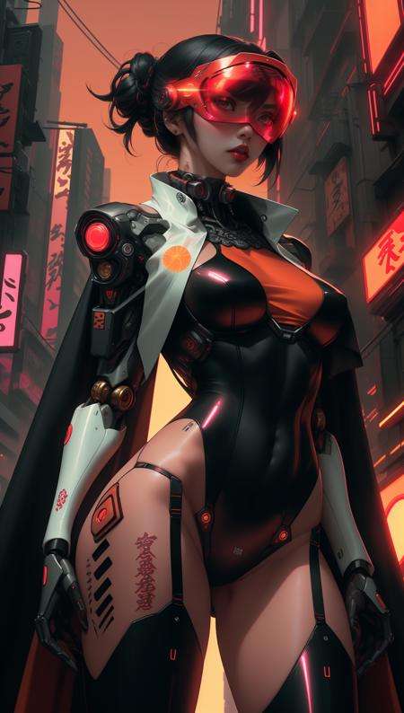 female, cyberpunk scene, woman criminal, dangerous (yakuza:1.2) android prostitute wearing glossy black mecha bodysuit, detailed silk cape,sleek (visor:1.2) hi-tech, intricate designer lingerie, red lipstick, (neon red sun:1.1), orange sky, <lora:nijiarmor:0.9>