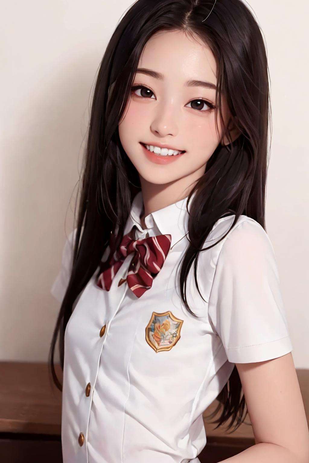 masterpiece, best quality, photorealistic, 1girl, smile, teeth, flat bangs, stunning innocent symmetry face, school uniform, black eyes, emotional, ulzzang, (PureErosFace_V1:0.7)