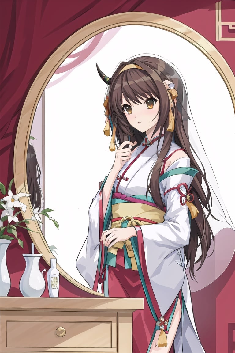 suzumiya haruhi,(8K,illustration),masterpiece,best quailty,solo,famous genshin character,eyes,fake horns,veil,
long hair,bow(over-the-shoulder angle) (traditional Chinese outfit),(combing long hair),
 (looking into mirror)warm glow, natural lightin