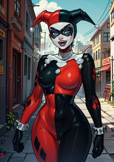 (HarleyWaifu:1), (blue eyes, mask, domino mask, hat, bodysuit, jester cap, makeup, facepaint, gloves), (makeup), curvy, looking at viewer, evil smile, :D, breast focus, leaning forward,(detailed landscape, city, dirt alley, smoke:1.2), (background:1), (dynamic_angle:1.2), (dynamic_pose:1.2), (rule of third_composition:1.3), (dynamic_perspective:1.2), (dynamic_Line_of_action:1.2), solo, wide shot,(masterpiece:1.2), (best quality, highest quality), (ultra detailed), (8k, 4k, intricate), (full-body-shot:1), (Cowboy-shot:1.2), (50mm), (highly detailed:1.2),(detailed face:1.2), detailed_eyes,(gradients),(ambient light:1.3),(cinematic composition:1.3),(HDR:1),Accent Lighting,extremely detailed,original, highres,(perfect_anatomy:1.2), <lora:HarleyQueenOld_character-10:1>