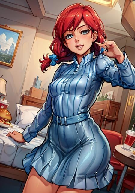 (WendysWaifu:1), restaurant, cute, small breasts, (realistic:1.2), (realism), (masterpiece:1.2), (best quality), (ultra detailed), (8k, 4k, intricate),(full-body-shot:1),(Cowboy-shot:1.2), (85mm),light particles, lighting, (highly detailed:1.2),(detailed face:1.2), (gradients), sfw,(detailed ladscape, house, bedroom, furniture:1.2),(detailed background),detailed landscape, (dynamic angle:1.4), (dynamic pose:1.2), (rule of third_composition:1.3), (Line of action:1.2), wide shot, solo, <lora:wendys_character-20:0.6>  <lora:reiqStyleLORA_v2:0.7>