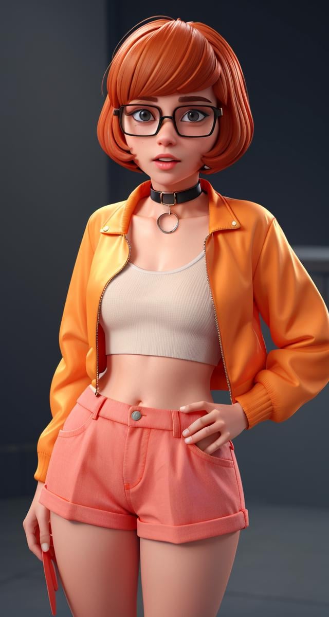 <lora:VRAMsVelmaDaphne640:0.5>, xyzvelma, 1girl, beautiful, portrait, closeup, cycles render, ginger, bob cut, glasses, trendy clothes, bubblegum, jacket, midriff, shorts, choker