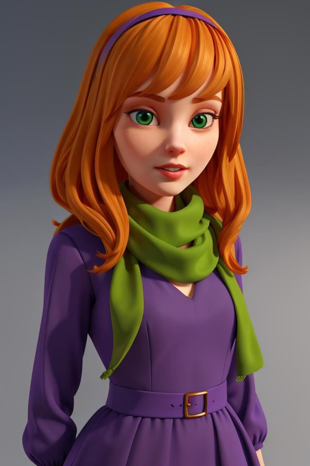 <lora:VRAMsVelmaDaphne640:0.5>, xyzdaphne, 1girl, beautiful, portrait, closeup, 3d model, cycles render, (green) scarf, orange hair, purple dress, hairband, long sleeves