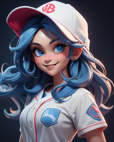 (masterpiece:1.5), (best quality:1.5), highres, highly detailed,3dmm,1girl, big blue eyes, long blue hair, white baseball cap, smiling, looking at viewer, cute and girly\(idolmaster\), 3d rendering, octane rendering, subsurface scattering skin, soft bright lighting, clear focus , clean background, perfect face, perfect eyes,