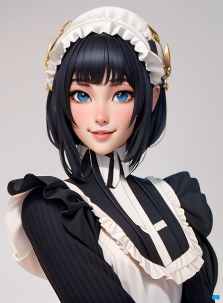 (Masterpiece: 1.5), (Best Quality: 1.5),3DMM,3D,1girl, solo, closed mouth,long hair, solo, black hair, maid, maid headdress, bangs, blue eyes, apron, upper body, ribbon, blunt bangs, frills, bob cut, grey background, lips, simple background,grey background, light smile,