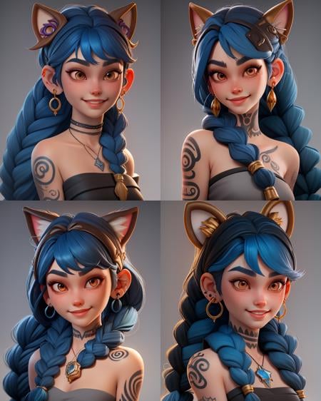 masterpiece, best quality,3d rending work ,3DMM style,close-up,portrait, 3D, 1girl, LuNa(DOTA 2), long hair, braid, tattoo, jewelry, earrings, shoulder tattoo, smile, gradient background, bangs, gradient, blue hair, twin braids, grey background, arm tattoo, closed mouth, piercing, bare shoulders, brown eyes, ear piercing, hair ornament, animal