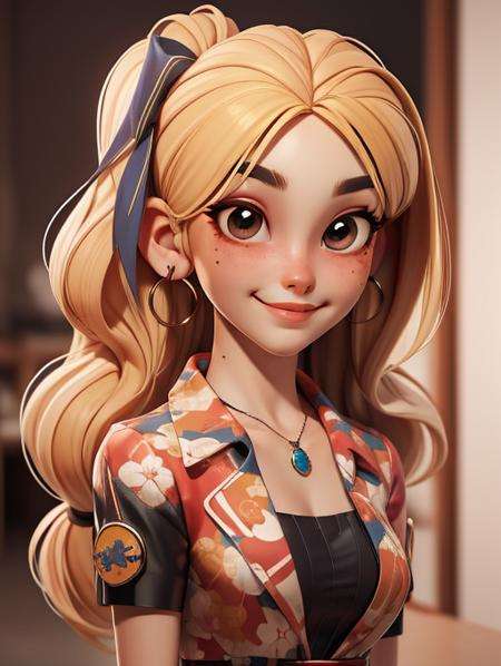 (masterpiece:1.5), (best quality:1.5),3dmm,3d,a photo of  girl in kita high school uniform,1girl, solo, long hair, earrings, jewelry, traditional media, blonde hair, brown eyes, hair ornament, looking at viewer, smile, realistic, upper body, lips, mole under eye