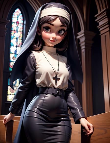 masterpiece, best quality, 3dmm style, 1girl, nun, solo, jewelry, necklace, habit,, church, cross necklace, brunette, looking at viewer, skirt, indoor,