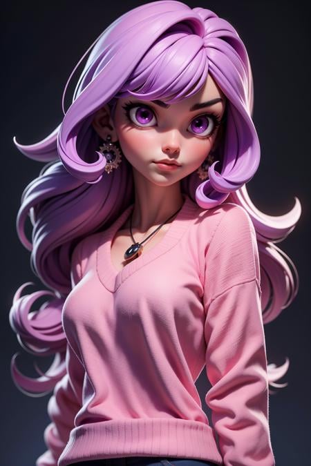 3dmm style,(masterpiece, top quality, best quality, official art, beautiful and aesthetic:1.2), (fractal art:1.3), 1girl, beautiful, high detailed, purple hair with a hint of pink, pink eyes, dark lighting, serious face, looking the sky, sky, medium shot, black sweater, jewelry