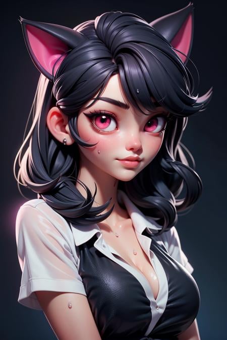 realistic, 1girl, black hair, red eyes, slit eyes, glowing eyes, oversized shirt, parted lips, blush, cat ears, wet shirt, sweaty,