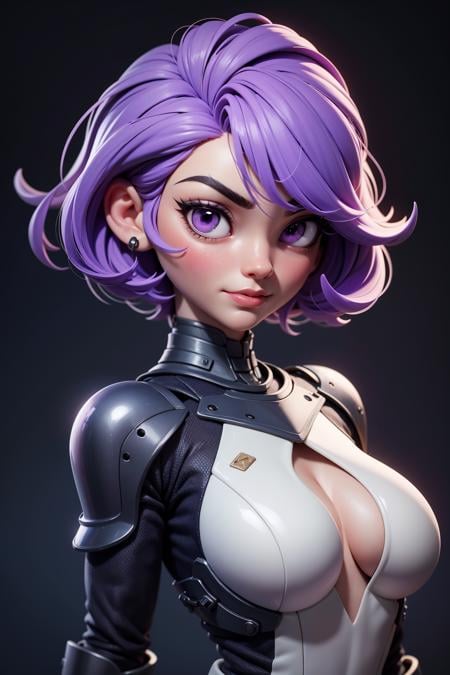 3dmm style,a nude portrait of a giant [seductress|babe] , science fiction, [(crNanosuit|War_Glam)::0.5], [power armor|armor] ,armored, wearing [(crNanosuit|War_Glam)::0.5]_breastplate, perfect face, pretty face, purple eyes, purple hair, very short hair, flat chest, lush detail, absurdres,