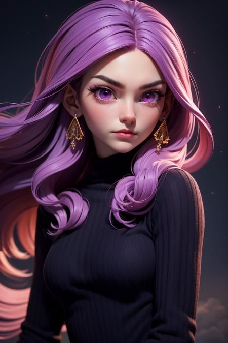 3dmm style,(masterpiece, top quality, best quality, official art, beautiful and aesthetic:1.2), (fractal art:1.3), 1girl, beautiful, high detailed, purple hair with a hint of pink, pink eyes, dark lighting, serious face, looking the sky, sky, medium shot, black sweater, jewelry