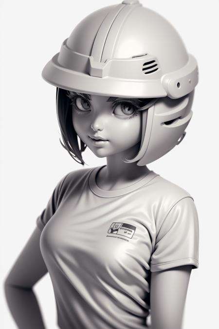 Gray clay style,(masterpiece, best quality), Grayscale，monochrome, 1girl, solo, greyscale, shirt, short hair, simple background, no humans, white background, helmet, t-shirt