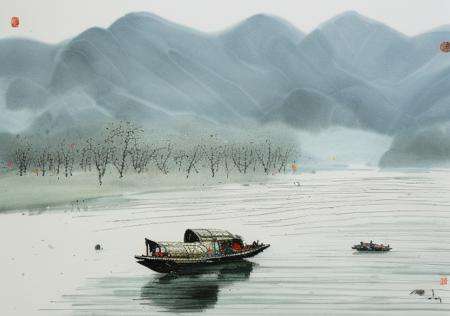 wyy style, A painting about the scenery of springscenery, In the winter scenery, there is a small boat in the river. A person wearing a raincoat is sitting in the boat,wgz_style