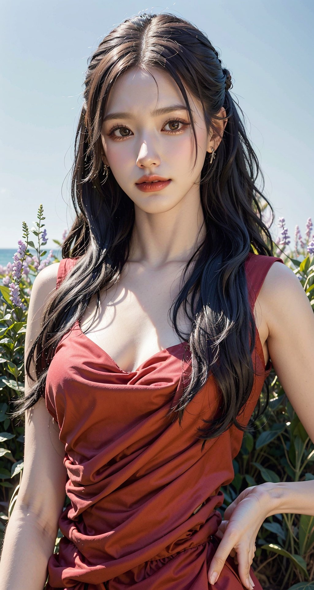 Nikon RAW photo,8 k,Fujifilm XT3,masterpiece, best quality, realistic, photorealistic,ultra detailed,1girl,solo,close up portrait,standing, beautiful blue sky,serene expression, luxury red dress, surrounded by a sea of grass,gidlemiyeon