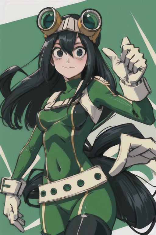 , asui tsuyu, green bodysuit, goggles, black eyes, low-tied long hair, hair rings, white gloves, looking at viewer, medium breasts, belt