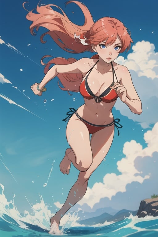 masterpiece, full body, 1girl, 4k ,bikini, [[Scenario Loader v2.0.0]] , running, water particles in the air, beautiful hands, barefoot,  ,anime 1990s (style), 