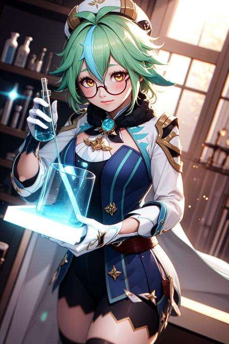 sucrose \(genshin impact\), semi-rimless eyewear, cowboy shot, shy,(masterpiece, best quality, ultra-detailed), (beautiful detailed face, beautiful detailed eyes, volumetric lighting),perfect hands, 1girl, solo, (dutch angle:1.3),beret, round-bottom flask, pipette, erlenmeyer flask, mksks style, (beautiful detailed laboratory, evening :1.2), (light particles, lens flare, chromatic aberration:1.3),