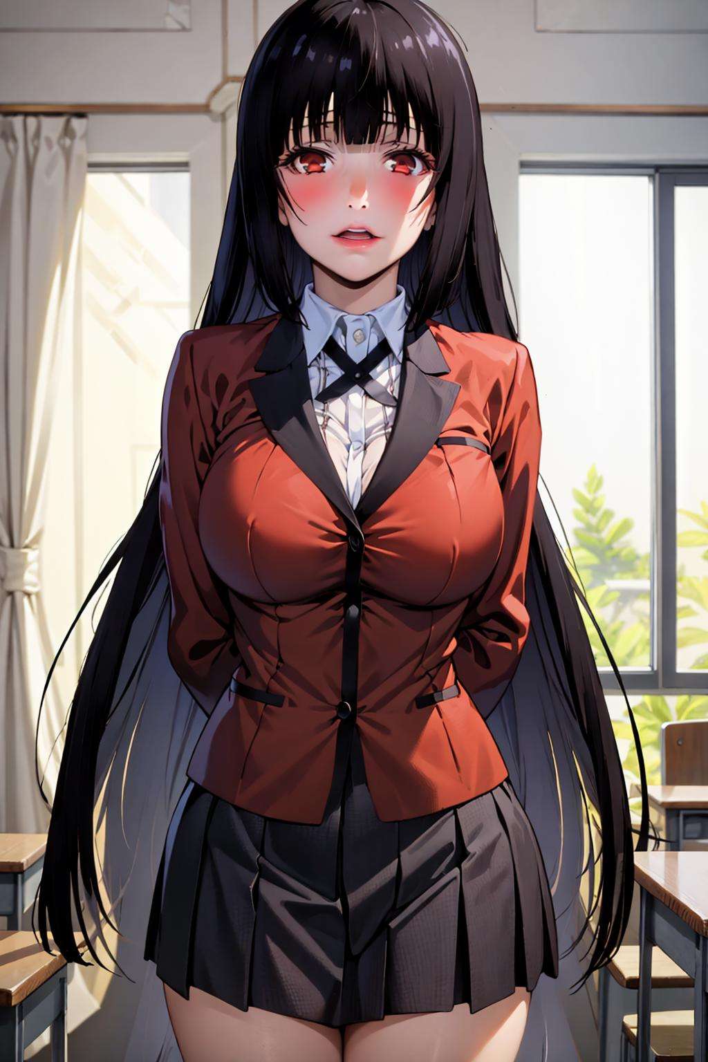 (best quality:1.1), (masterpiece:1.4), (absurdres:1.0), portrait, close-up, 1girl, jabami yumeko, red school uniform, blunt bangs, black hair, black skirt, looking at viewer,  arms behind back, classroom<lora:Kizuki - Kakegurui - Jabami Yumeko:0.85>