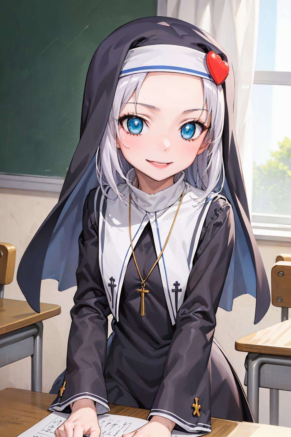 (best quality:1.1), (masterpiece:1.4), (absurdres:1.0), portrait,1girl, takayama maria, silver hair, flat chest, blue eyes, long hair, nun, looking at viewer, classroom, smile, <lora:Kizuki - Haganai - Takayama Maria:0.95>