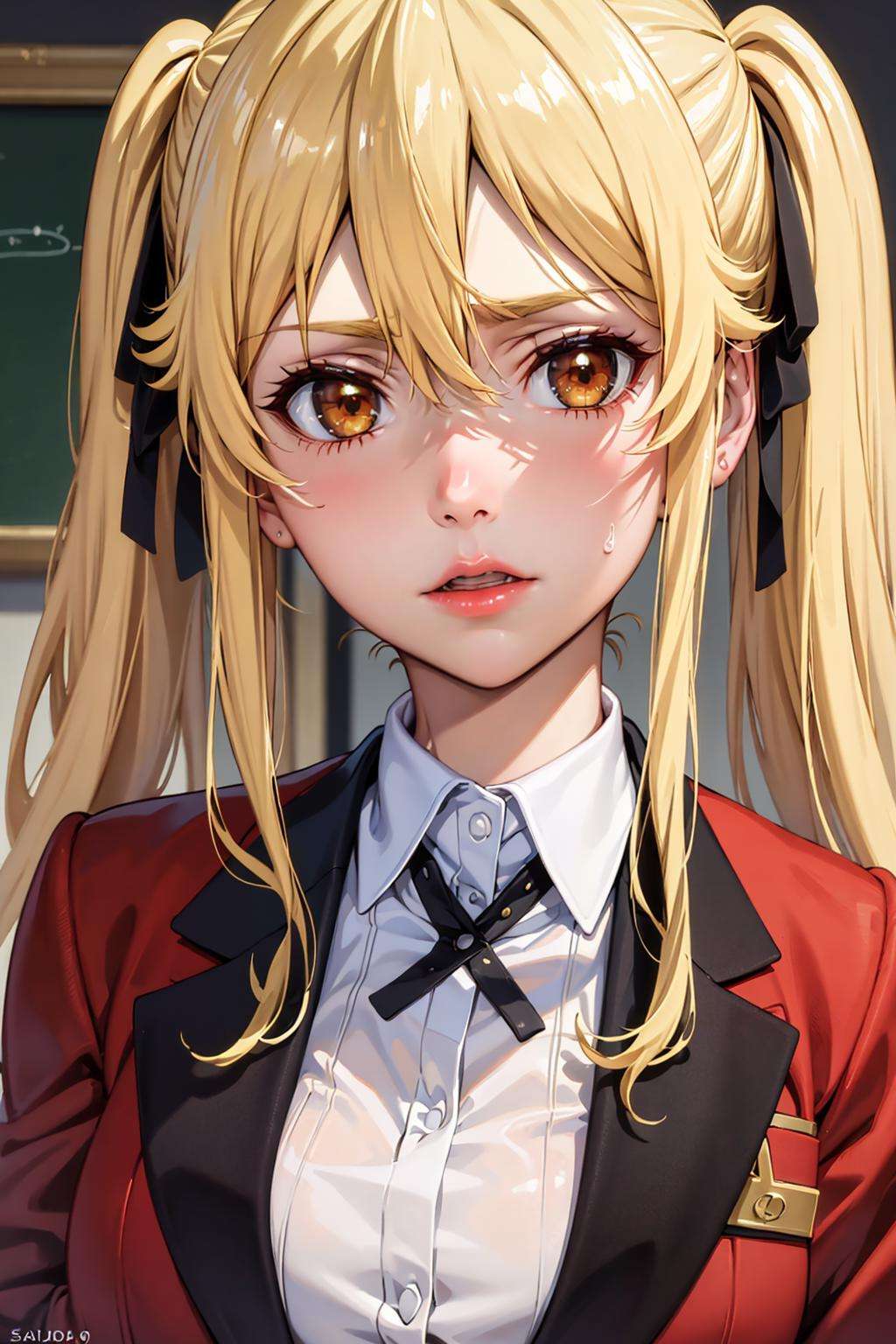 (best quality:1.1), (masterpiece:1.4), (absurdres:1.0), portrait, close-up,1girl, saotome mary , school uniform, twintails, blonde hair, black skirt, looking at viewer, red jacket, <lora:Kizuki - Kakegurui - Saotome Mary:0.85>