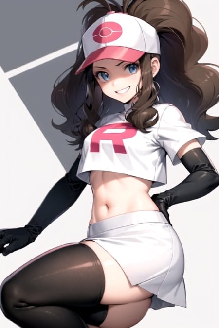 masterpiece, best quality, <lora:HildaLora:0.7>, hilda \(pokemon\), 1girl, solo, white skirt, white shirt, crop top, black gloves, elbow gloves, black thighhighs, team rocket uniform, evil smile, baseball cap, white headwear, midriff, short sleeves, 