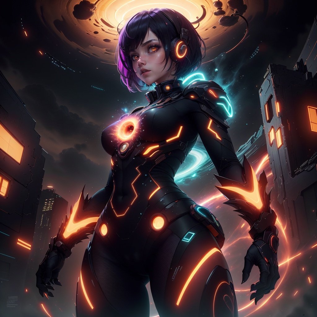 <lora:InfraBlackholeTech-20:0.8>,inblackholetech  , ,scifi, blackhole, excessive energy, monster girl,colored glowing  hair ,1girl, short hair, tomboy, living weapon ,