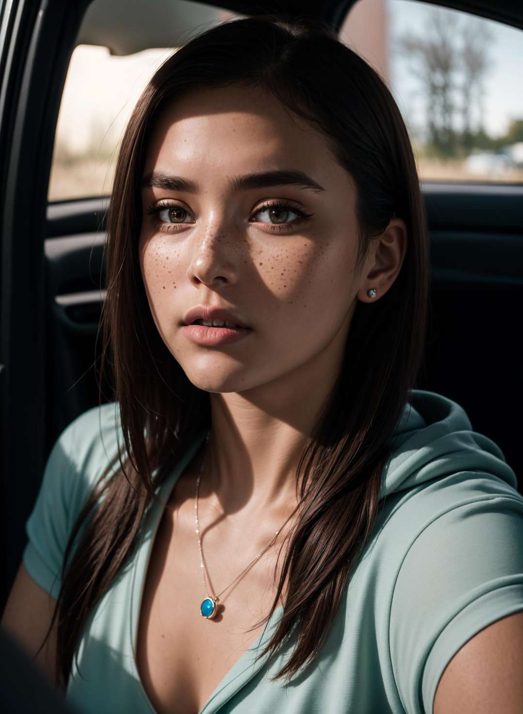 RAW photo, a 22-year-old-girl, upper body, selfie in a car, blue hoodie, (raecmbr-2650:0.9), (r4ec4mbr4:0.95), (1girl), (realistic), (photo-realistic:1.5), inside a car, driving, lipstick, freckles, (short hair), multicolor hair, necklace, (RAW photo, 8k uhd, film grain), Sharp Eyeliner, Blush Eyeshadow With Thick Eyelashes, extremely delicate and beautiful, 8k, soft lighting, high quality, highres, sharp focus, extremely detailed, during the day, (sunlight on face), beautiful detailed eyes, extremely detailed eyes and face, masterpiece, cinematic lighting, (high detailed skin:1.2), 8k uhd, dslr, soft lighting, high quality, film grain, Fujifilm XT3