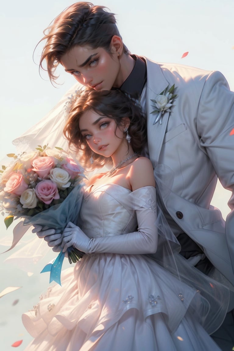 1girl, 1boy, dress, brown hair, wedding dress, jacket, hetero, necktie, couple, smile, strapless dress,  pants, strapless, veil, flower, long hair, holding, jewelry, gloves, shirt, necklace, bouquet, white pants, holding bouquet, white dress, blue eyes, white shirt, open jacket, elbow gloves, white gloves, white jacket, pink necktie, bridal veil, white background, wedding, husband and wife, long sleeves, long dress, pink flower, floating hair, short hair, standing, open clothes, collarbone, look at the other, happy face, smile, <lora:ouka_长相忆:0.6> <lora:hairdetailer:1>