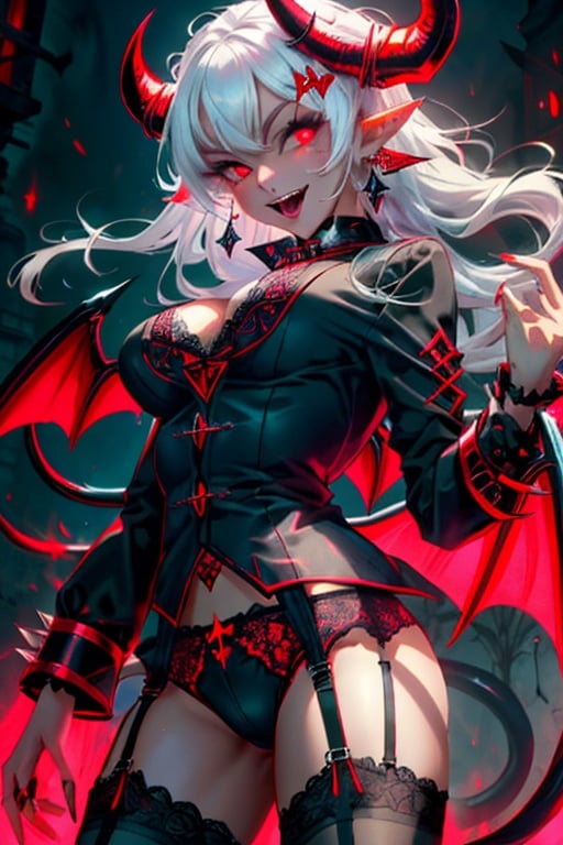 1girl, (female:1.2), mature, aged up, solo, red eyes, white hair, big breasts, glowing eyes, pointy ears, hair ornament, evil, seductive, attractive, smile, open mouth, tongue sticking out, wicked face, insidious, lace trim, (demon wings:1.2), demon horns, demon tail, tail wagging, tail ornament, spiked collar, ass visible through thighs, garter straps, lace-trimmed garter belt, girl on top, looking at the viewer, glowing runes red, demonictech