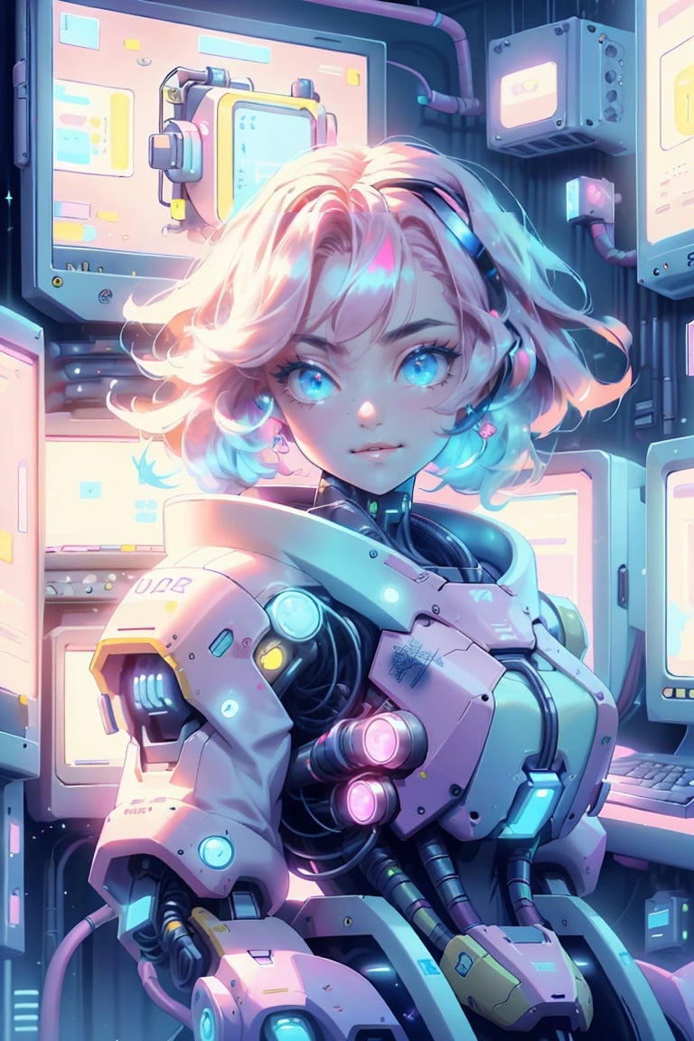 1girl, (female:1.2), young, cute face, finely detailed eyes and face, rosy pink hair, aqua eyes, looking at viewer, (electronic theme:1.1) futuristic hacker of evil high tech, gamer, smile, advanced technology, android, cybersuit, exosuit, hardsuit, mechasuit, mecha, <lora:nijiarmor:0.8>, techwear, keycard, cables, (holographic display:1.05), error message, computer, password, gamer room in the background, pink lights, cyber warfare, kawaiitech, pastel colors, kawaii, scifi, <lora:KawaiiTech-20:0.8>, cowboy shot, finely detailed background, Depth of Field, VFX