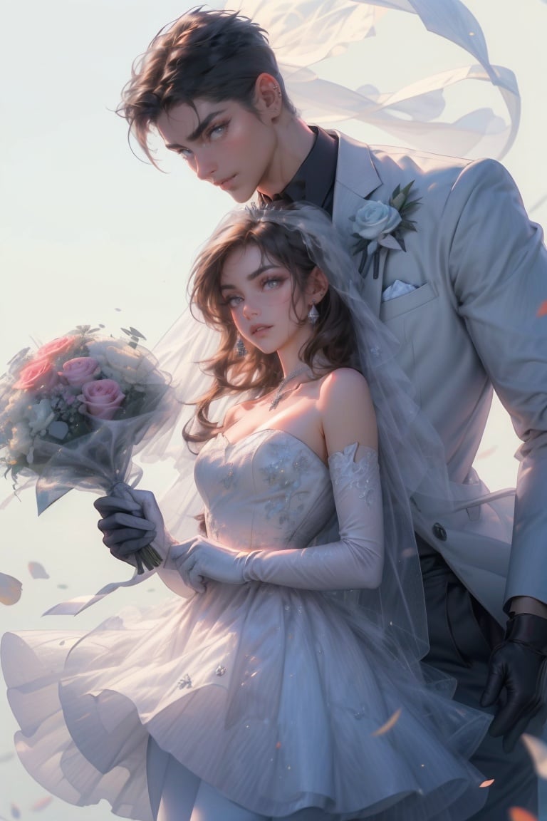 1girl, 1boy, dress, brown hair, wedding dress, jacket, hetero, necktie, couple, smile, strapless dress,  pants, strapless, veil, flower, long hair, holding, jewelry, gloves, shirt, necklace, bouquet, white pants, holding bouquet, white dress, blue eyes, white shirt, open jacket, elbow gloves, white gloves, white jacket, pink necktie, bridal veil, white background, wedding, husband and wife, long sleeves, long dress, pink flower, floating hair, short hair, standing, open clothes, collarbone, look at the other, happy face, smile, <lora:ouka_长相忆:0.6> <lora:hairdetailer:1>