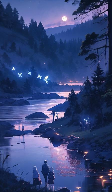 moonriver, night, multiple boys, nature, scenery, rock, multiple girls, fireflies, bug, water, tree, forest, outdoors, sky, bag, butterfly, moon  <lora:moonriver-noise:1>