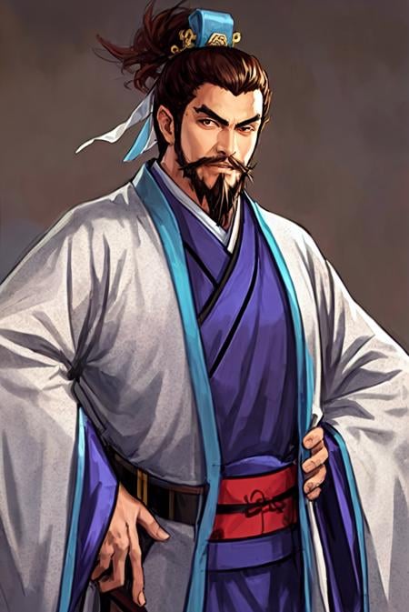 sanguozhi, male focus, 1boy, facial hair, solo, hanfu, chinese clothes, beard, mustache, looking at viewer, holding, brown hair, hand on hip, wide sleeves, long sleeves, sheath<lora:风格-三国志-[sanguozhi]:1>